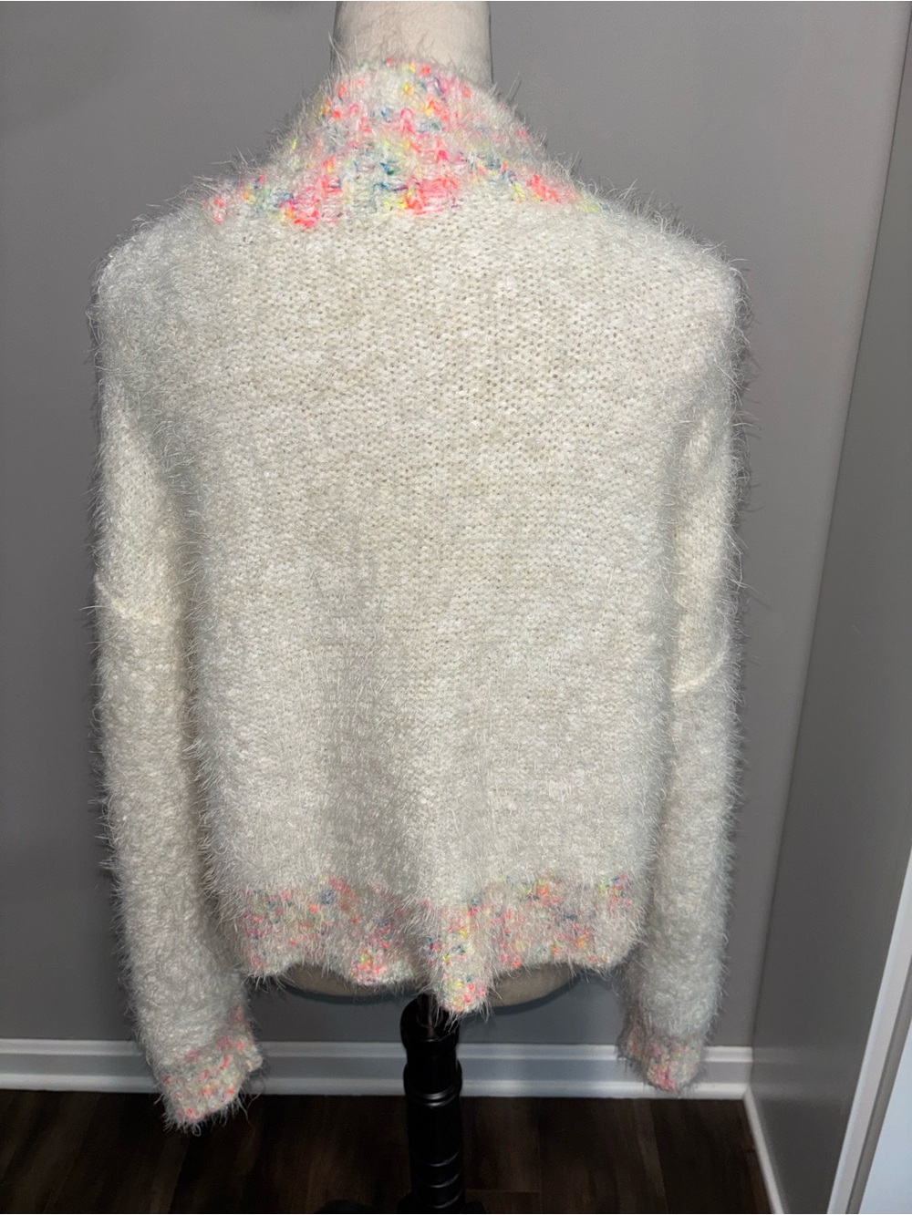 Free People Cozy Cream Fuzzy Sweater with Multicolor Trim - Picture 4 of 5